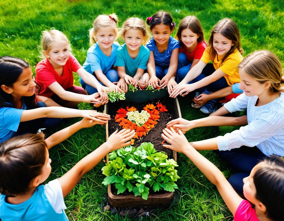 A vibrant community gathering with diverse people of all ages collaborating on a community garden, planting colorful flowers and vegetables together. Include a backdrop of a sunny park with children playing, and symbols of kindness like hearts and hands intertwined around the scene, representing unity and compassion. Bright, warm colors enhance the sense of togetherness and positivity. super-realistic. vibrant colors. white background.