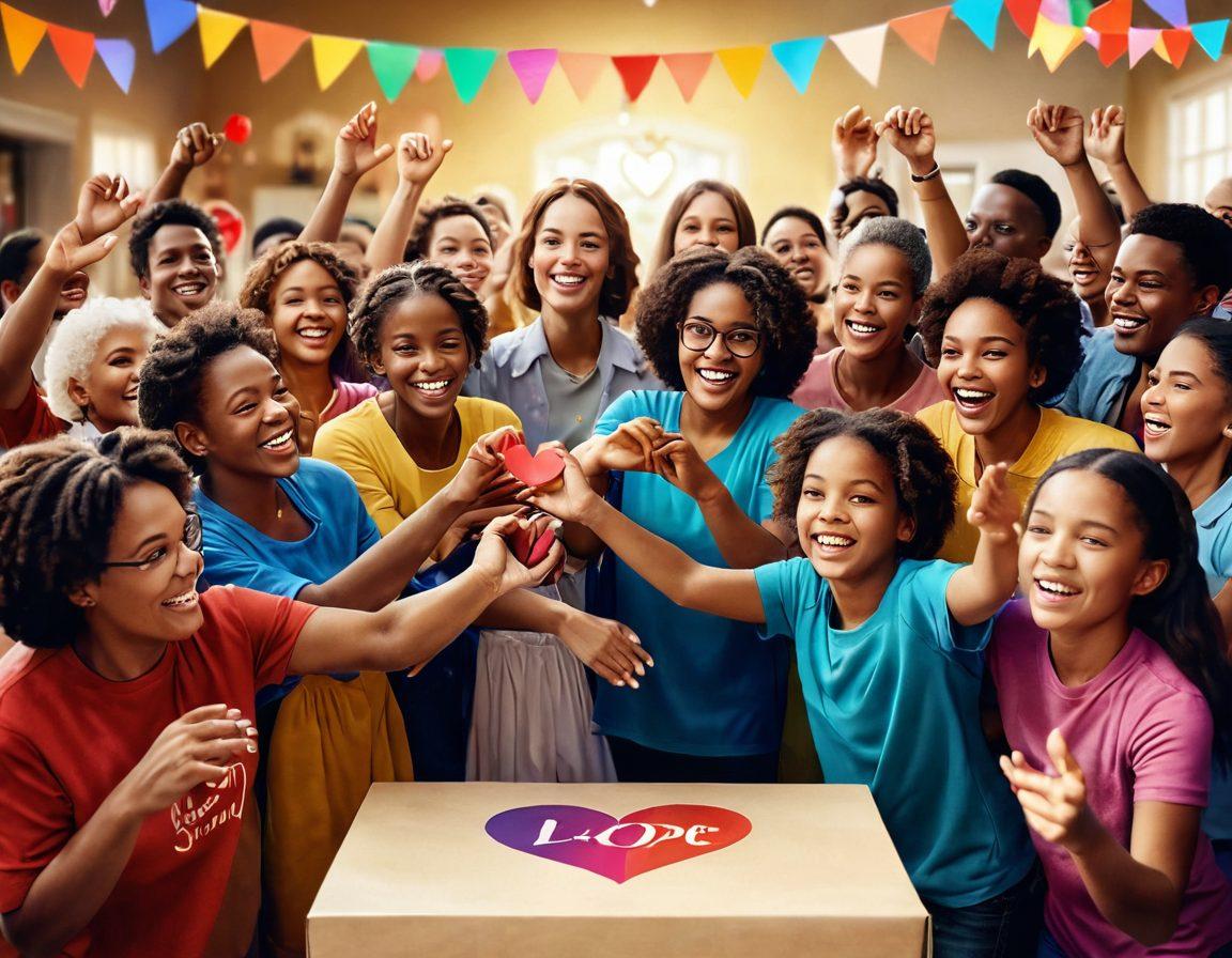 A dynamic scene depicting a community gathering, with diverse people of all ages coming together to support various charity initiatives. Show hands exchanging heart-shaped tokens symbolizing love and generosity. Incorporate vibrant banners and colorful donation boxes in the background, emphasizing hope and collective action. Capture joyful expressions on faces, radiating positivity and unity. super-realistic. vibrant colors. warm lighting.