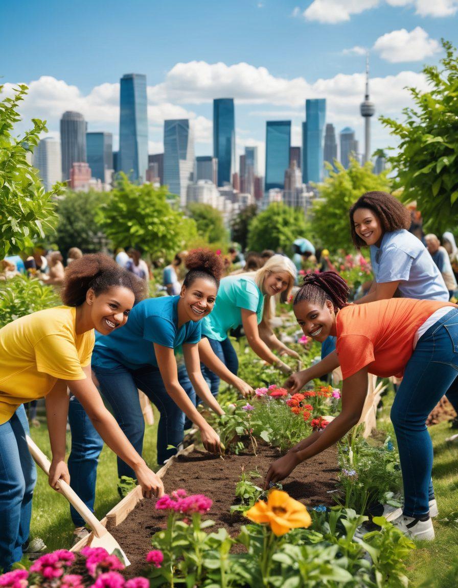 A diverse group of people from different backgrounds working together, planting trees in a vibrant community garden, showcasing unity and collaboration. In the background, a city skyline merges with lush nature, symbolizing a harmonious blend of urban life and environmental care. The scene is filled with colorful flowers, smiling faces, and tools in hand, representing hope and positivity. super-realistic. vibrant colors. 3D.